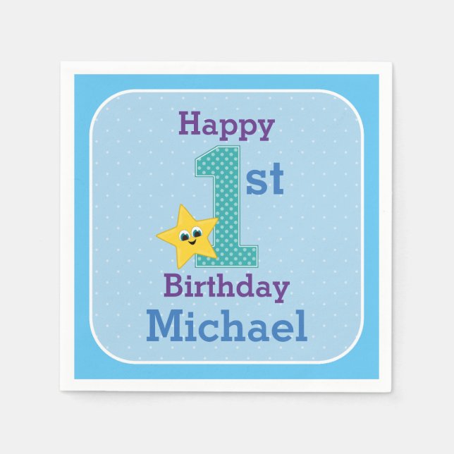 Servilleta De Papel Primer cumpleaños niño, Azul, Estrella Amarilla co (Anverso)