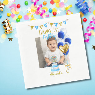 Servilleta De Papel Primer Cumpleaños Niño Foto Globo Azul Dorado Lind