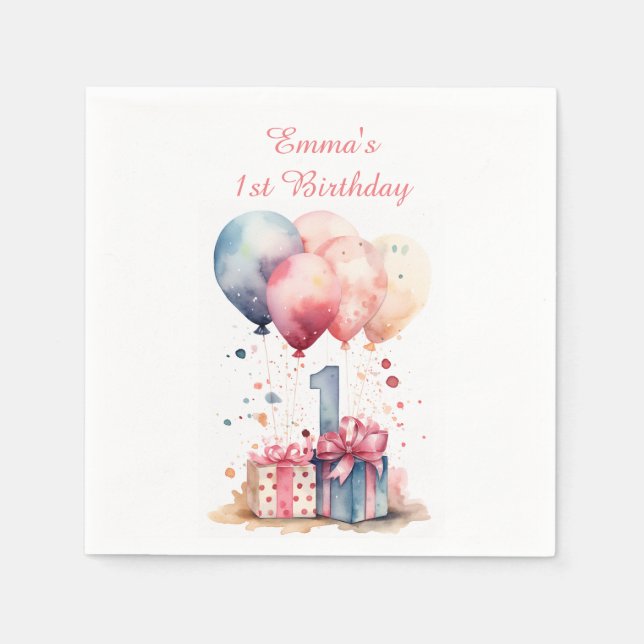Servilleta De Papel Primer cumpleaños - Regalos de acuarela y globos - (Anverso)