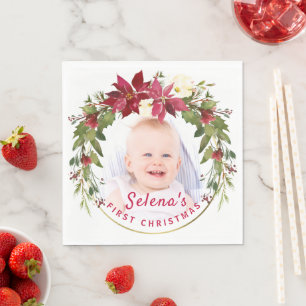 Servilleta De Papel Primer Navidad del bebé Holly Wreath Photo Keepsak