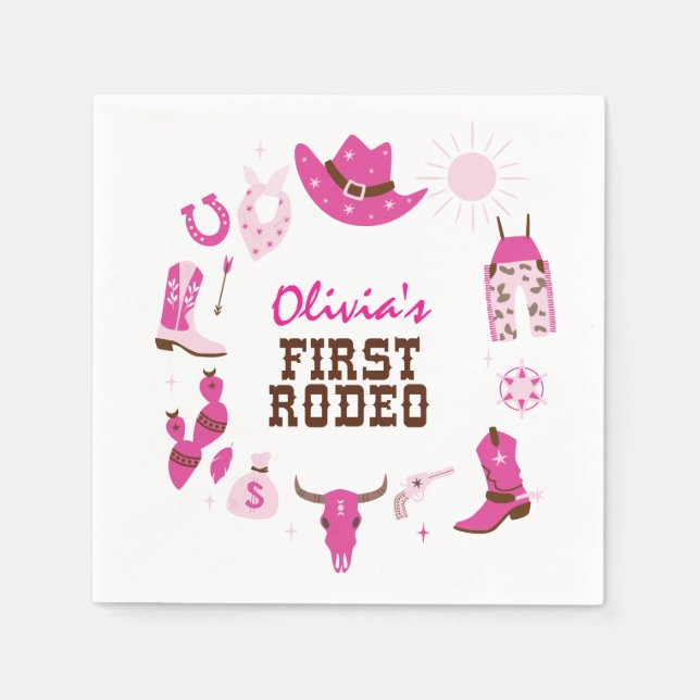 Servilleta De Papel Primer Rodeo Pink Western Cowboy Cumpleaños 1 (Anverso)