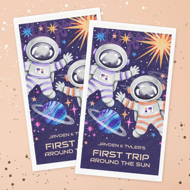 Servilleta De Papel Primer viaje de dobles astronautas por el espacio  (Twin Astronauts First Trip Around the Sun Space Paper Guest Towels)