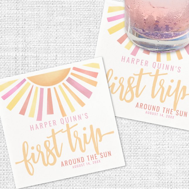 Servilleta De Papel Primer viaje de Pink alrededor del sol Cumpleaños  (Pink First Trip Around The Sun 1st Birthday Napkins)