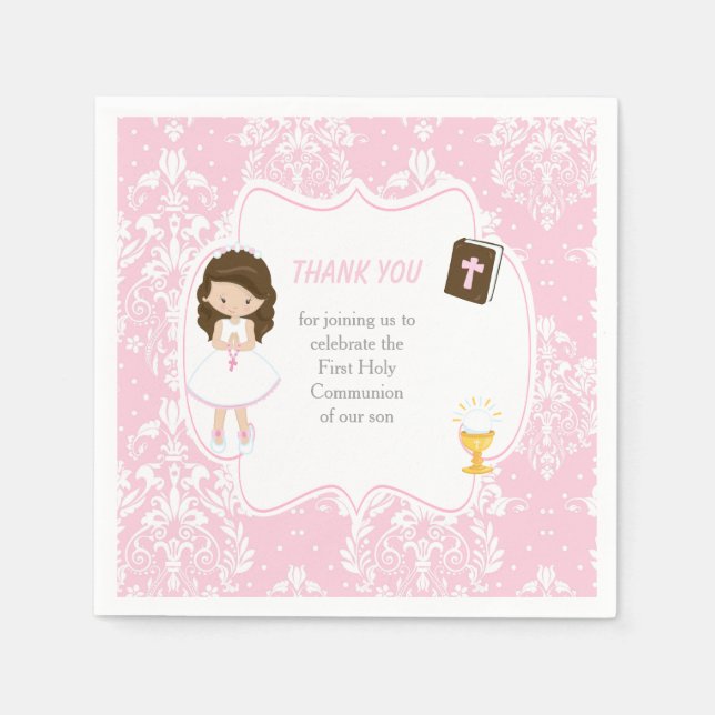 Servilleta De Papel Primera Comunión Brunette Hair Chica Gracias (Anverso)