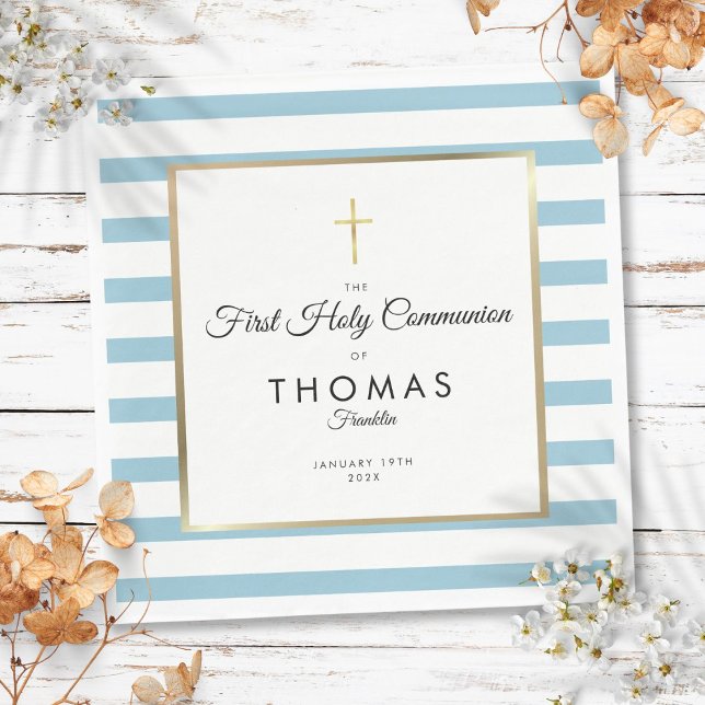 Servilleta De Papel Primera Comunión Cruz Dorada con Raya Azul (Blue Stripe Gold Cross First Holy Communion Napkins)