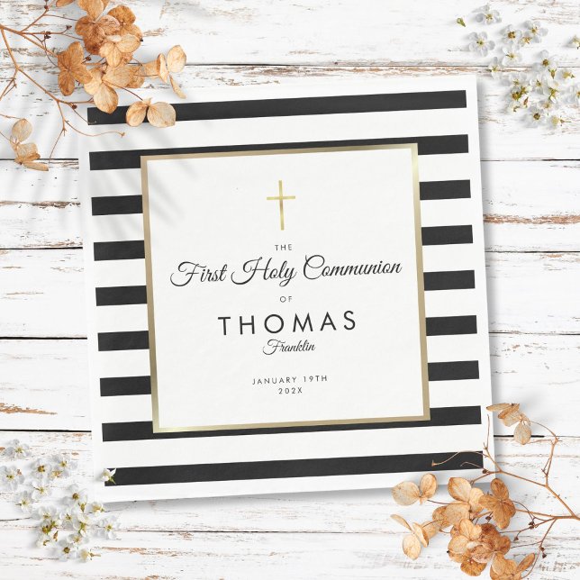 Servilleta De Papel Primera Comunión Cruz Dorada en Raya (Gold Cross Stripe First Holy Communion Napkins)