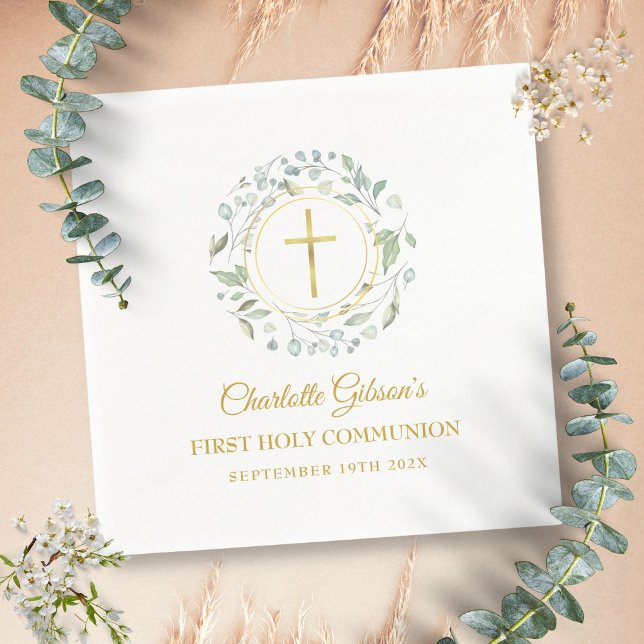 Servilleta De Papel Primera Comunión Cruz Dorada Verdor (First Holy Communion Gold Cross Greenery Napkins)