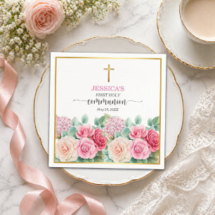 Servilleta De Papel Primera Comunión de Niña Cruz de Oro Rosas Floral