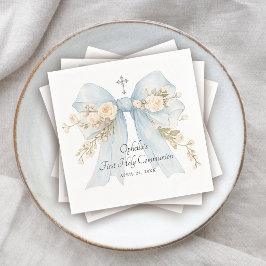 Servilleta De Papel Primera Comunión de Niña Lazo Floral Azul Polvo