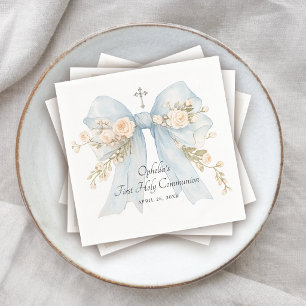 Servilleta De Papel Primera Comunión de Niña Lazo Floral Azul Polvo