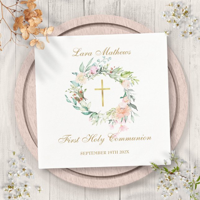 Servilleta De Papel Primera comunión de oro cruzando tierras de cultiv (First Holy Communion Gold Cross Floral Garland Napkins)