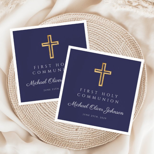 Servilleta De Papel Primera comunión de travesía religiosa azul de la  (Navy Blue Religious Cross Boy First Communion Napkins)