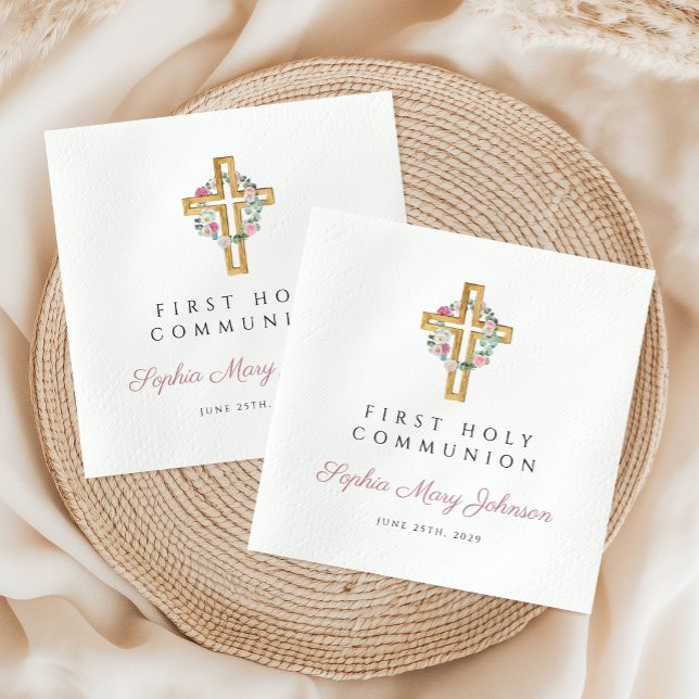 Servilleta De Papel Primera Comunión del Chica de guirnaldas florales  (Pink Floral Wreath Girl First Communion Napkins)