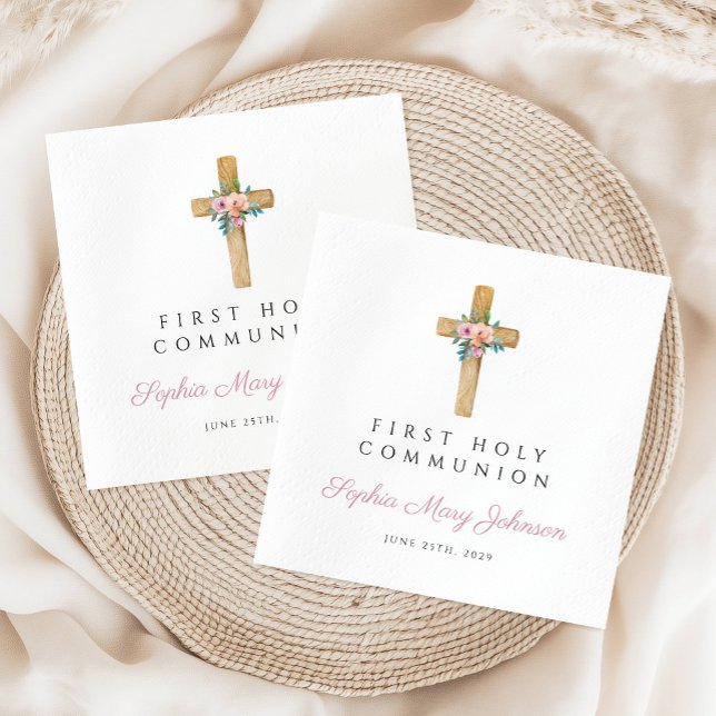 Servilleta De Papel Primera Comunión del Chica floral moderno (Modern Floral Cross Girl First Communion Napkins)