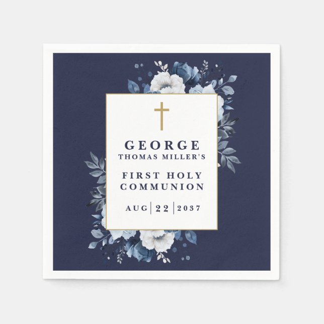 Servilleta De Papel Primera Comunión Floral Boho Azul Marino (Anverso)