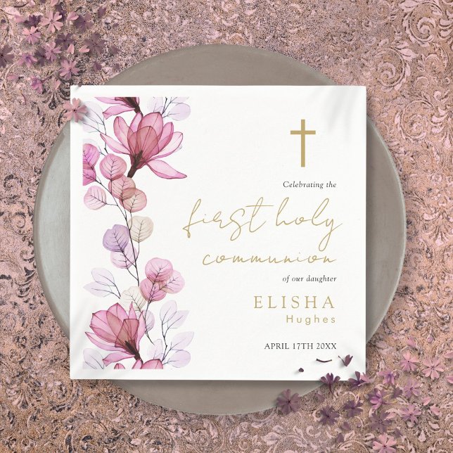 Servilleta De Papel Primera Comunión Floral Rosa Elegante (Elegant Pink Floral First Holy Communion Napkins)