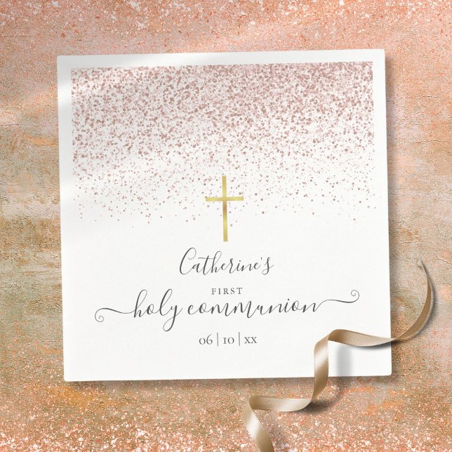 Servilleta De Papel Primera Comunión moderna con brillo en oro rosa (Modern Rose Gold Glitter First Holy Communion Napkins)