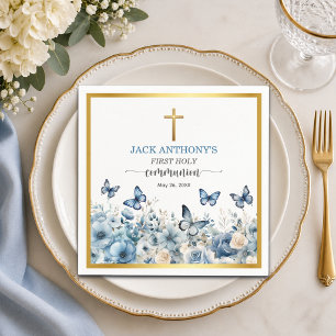 Servilleta De Papel Primera Comunión Niño Cruz de Oro Floral Azul