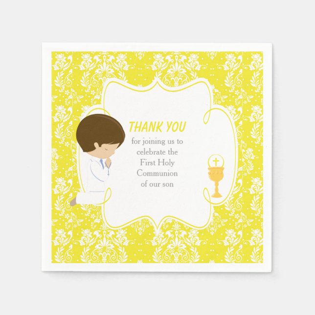 Servilleta De Papel Primera Comunión Niño Moreno Amarillo Damask (Anverso)