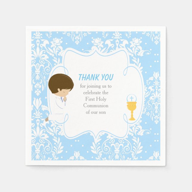 Servilleta De Papel Primera Comunión Niño Moreno Azul Damask (Anverso)