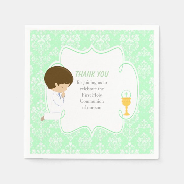 Servilleta De Papel Primera Comunión Niño Moreno Verde Damask (Anverso)