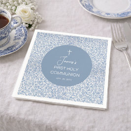 Servilleta De Papel Primera Comunión Niño Patrón Floral Azul y Blanco
