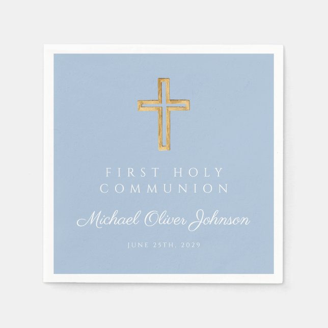 Servilleta De Papel Primera Comunión Religiosa Azul Elegante (Anverso)
