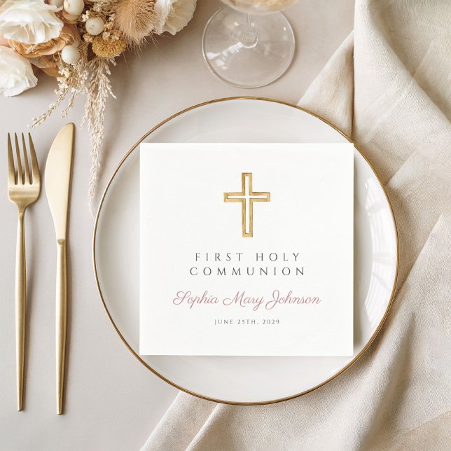 Servilleta De Papel Primera Comunión Religiosa Rosa Elegante (Elegant Pink Religious First Holy Communion Napkins)