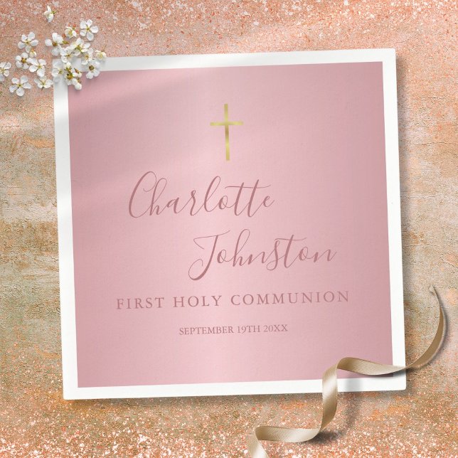 Servilleta De Papel Primera Comunión Rosa Dorado Moderno Rosa (First Holy Communion Modern Rose Gold Pink Napkins)