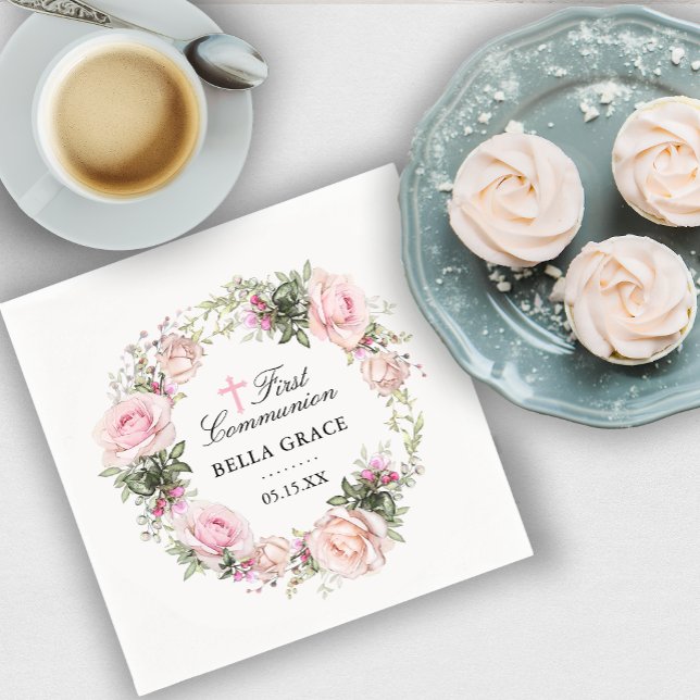 Servilleta De Papel Primera Comunión Rustic Rosa Floral (Subido por el creador)