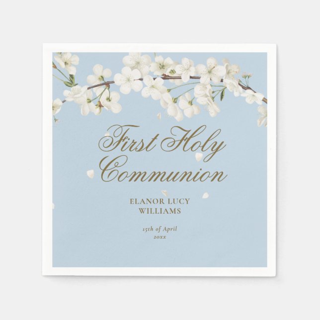 Servilleta De Papel Primera Comunión Sagrada Elegante Blanco Flor Azul (Anverso)