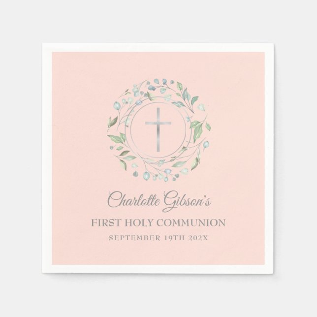 Servilleta De Papel Primera Comunión Verde Blush Rosa Plata (Anverso)