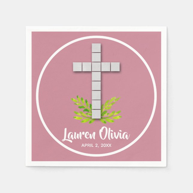 Servilleta De Papel Primera cruz de comunión en rosa polvoriento (Anverso)