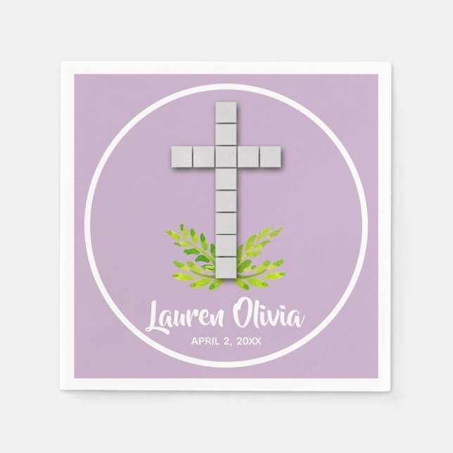 Servilleta De Papel Primera cruz de comunión sobre lavanda (Anverso)