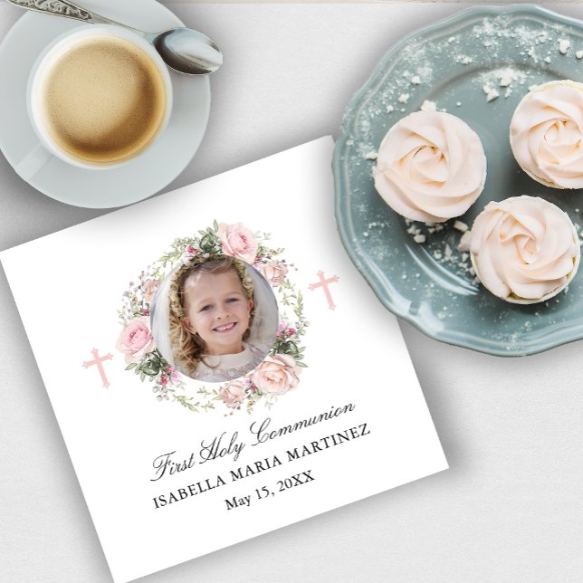 Servilleta De Papel Primera cruz floral rosa de la comunión sagrada (Subido por el creador)