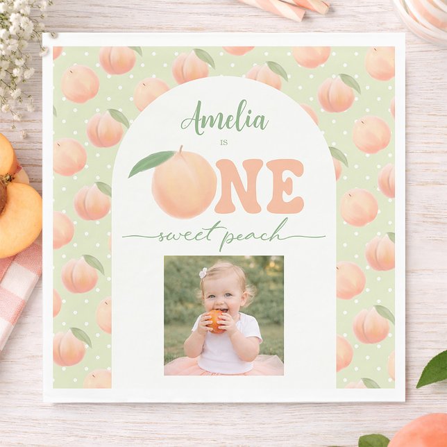 Servilleta De Papel Primera fiesta de cumpleaños con foto, fiesta de u (Photo First Birthday Party One Sweet Peach Party Napkins)