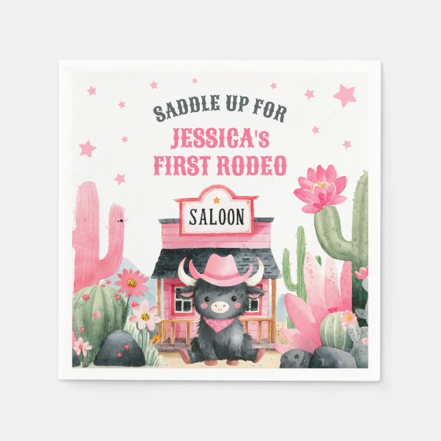 Servilleta De Papel Primera fiesta de cumpleaños de la vaca de Rodeo H (Anverso)