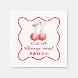 Servilleta De Papel Primero cumpleaños de cereza lazo rosa gingham