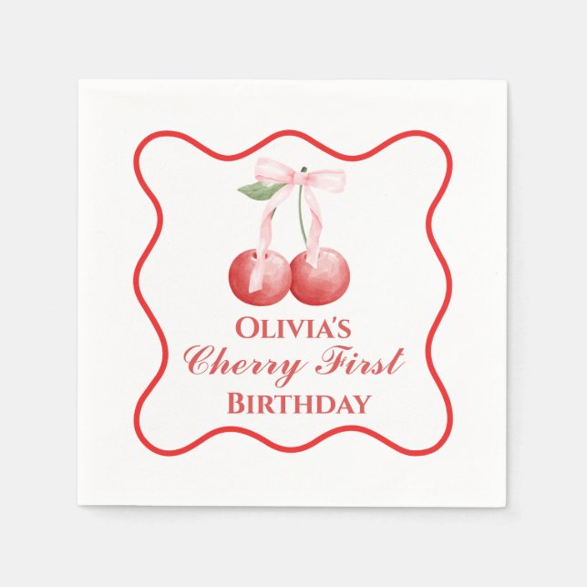 Servilleta De Papel Primero cumpleaños de cereza lazo rosa gingham (Anverso)