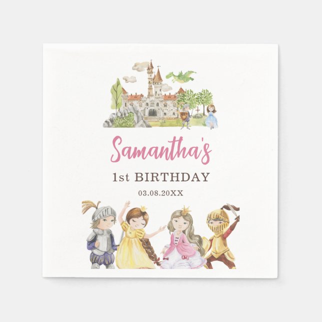 Servilleta De Papel Princesa Cuta y Caballeros Cumpleaños (Anverso)