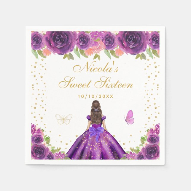 Servilleta De Papel Princesa de cabello castaño con flores púrpuras Cu (Anverso)