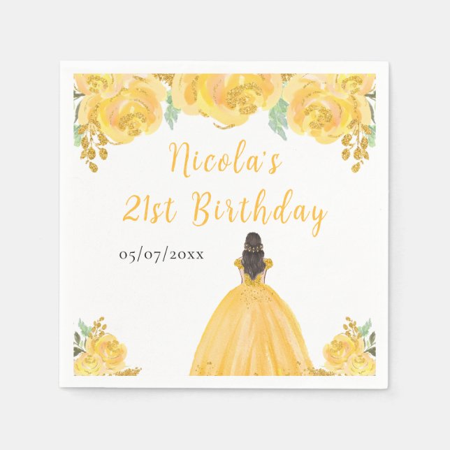 Servilleta De Papel Princesa de Cabello Castaño Cumpleaños Fiesta Flor (Anverso)