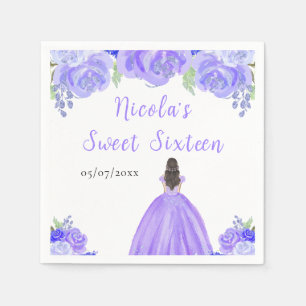 Servilleta De Papel Princesa de Cabello Marrón Flores Moradas Dulces D