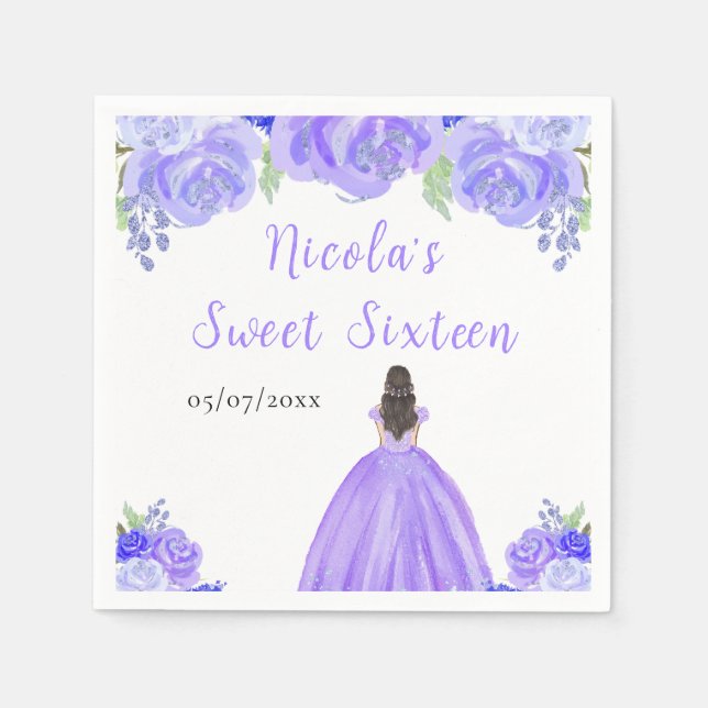 Servilleta De Papel Princesa de Cabello Marrón Flores Moradas Dulces D (Anverso)