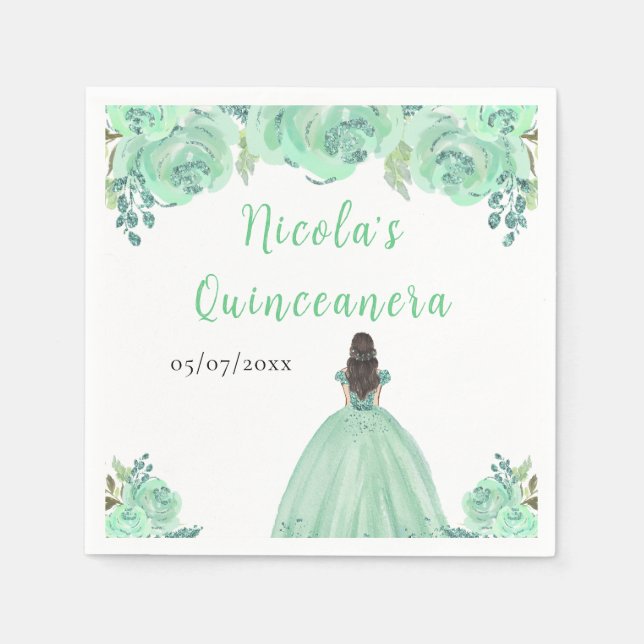 Servilleta De Papel Princesa de Cabello Marrón Mint Floral Quinceañera (Anverso)