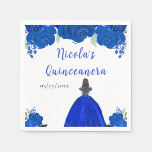Servilleta De Papel Princesa de Cabello Marrón Quinceañera Floral Azul