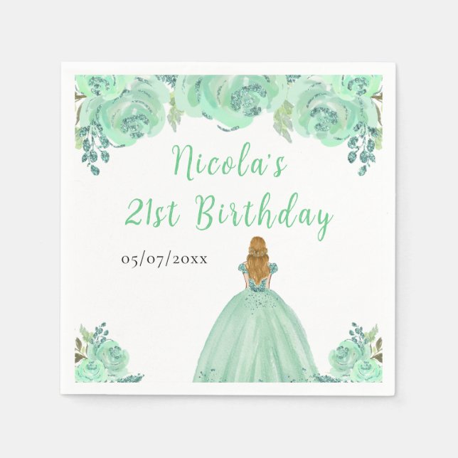 Servilleta De Papel Princesa de Cabello Rubio Cumpleaños Floral Mint (Anverso)