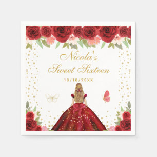 Servilleta De Papel Princesa de Cabello Rubio Floral Rojo Dulces Dieci