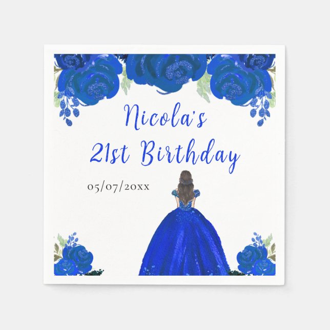 Servilleta De Papel Princesa de pelo castaño fiesta de cumpleaños flor (Anverso)