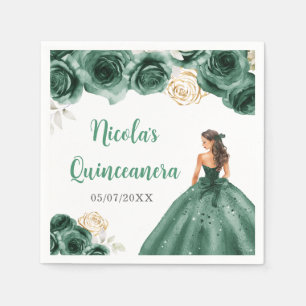 Servilleta De Papel Princesa floral con traje verde oscuro Quinceanera